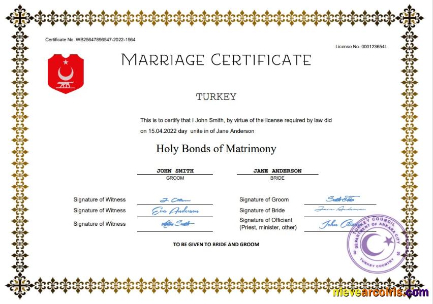 Turkey marriage certificate